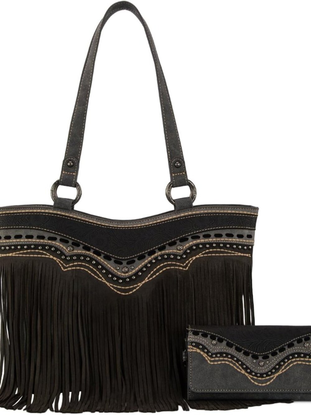 Western Tote Bag for Women Tooled Fringe Purse and Handbag with Wallet